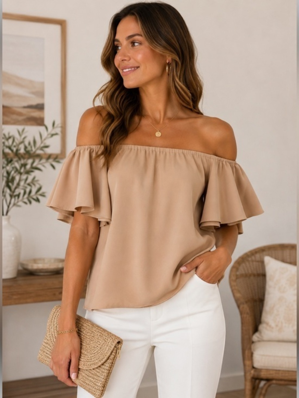 DO+BE Tan Beige Off Shoulder Ruffle Sleeve Blouse Small NWT